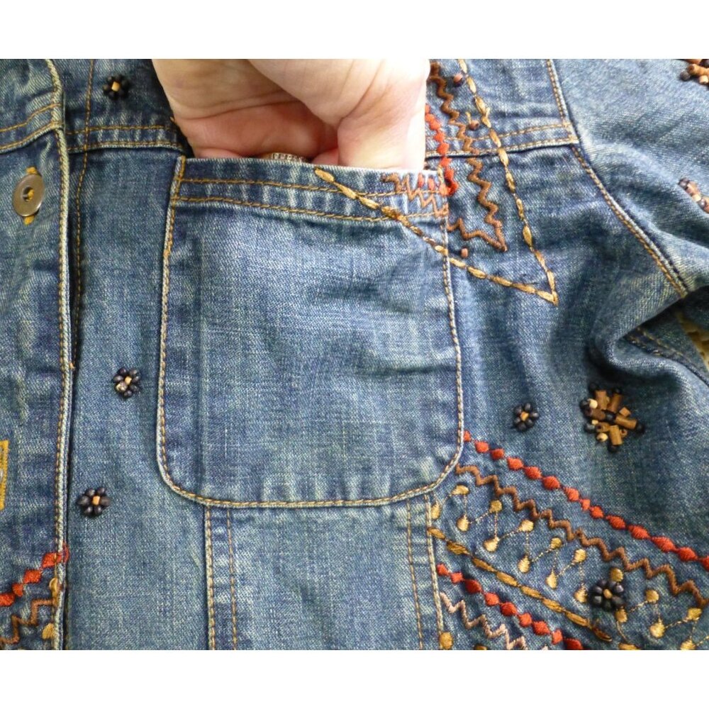 Chicos Design Embellished Denim Jacket Beaded Floral Embroidery Button Front Wom - Picture 9 of 15
